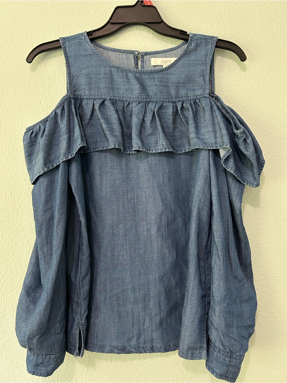 LOFT Chambray Cold-Shoulder Ruffle Top - Blue Denim